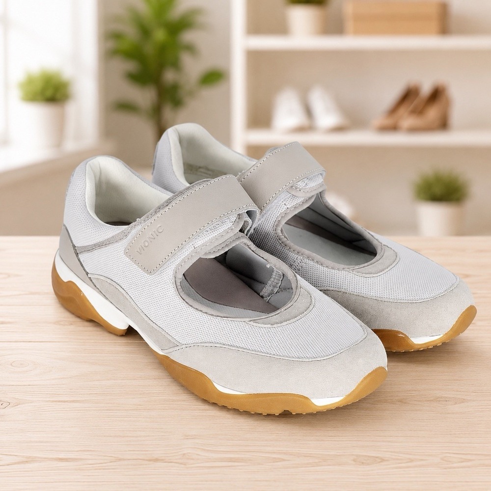 Vionic Walk Slim Giselle Mary Jane Shoes Women's 8.5 White Gray Orthotic Comfort